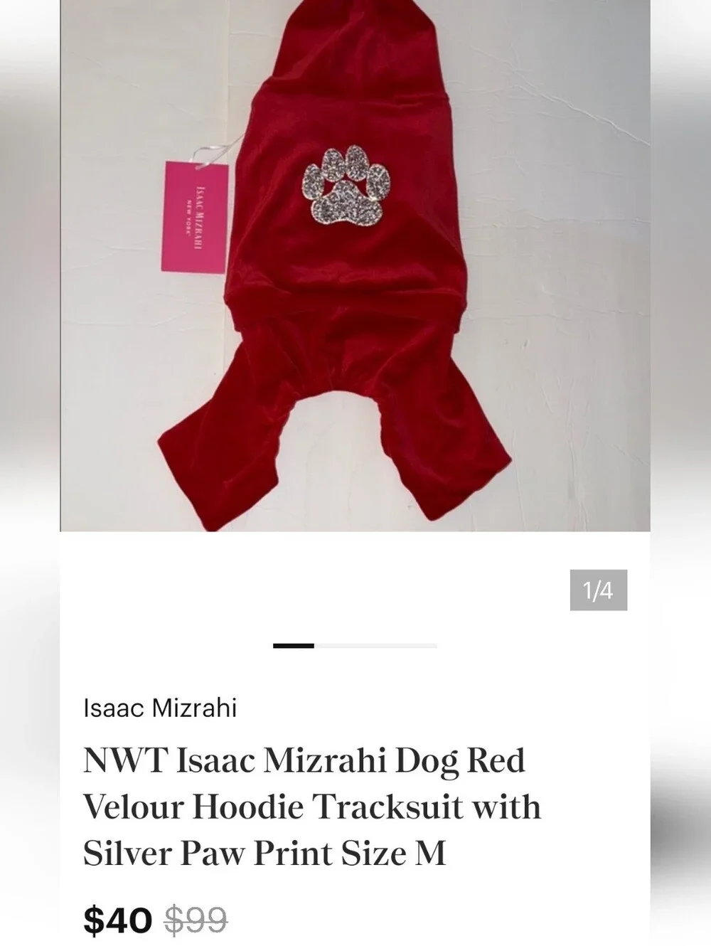 Isaac Mizrahi Lavender Velour Dog Hoodie with Glitter Paw xxs